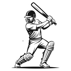 A black and white illustration of a cricket player batting