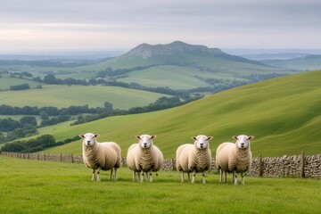 Fototapeta premium Serene graze in East Sussex as woolly sheep line up against stone fence, hills and distant woodlands
