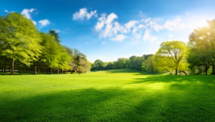 Fototapeta premium a spring nature scene of a green grass meadow in a park with trees under a blue sky is blurred in the background