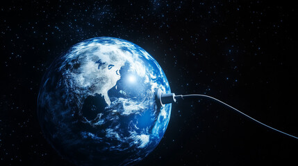 Naklejka premium Planet Earth plugged in and recharging with power cord in space