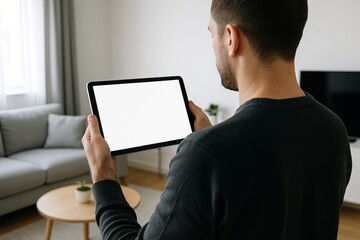 Man using tablet with blank white screen in modern living room interior with minimalist decor. concept of home technology, digital lifestyle, electronic device, convenience at home, mockup, copy space