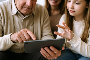 Elderly man using tablet with family, engaging in technology on cozy day indoors. concept of generational bonding, modern devices, family connection