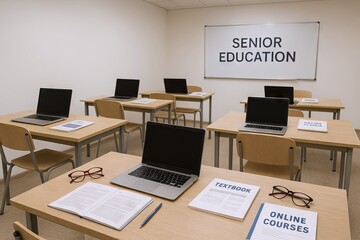Modern classroom interior with laptops and educational materials for online senior education. concept of digital learning, academic atmosphere, senior schooling environment.