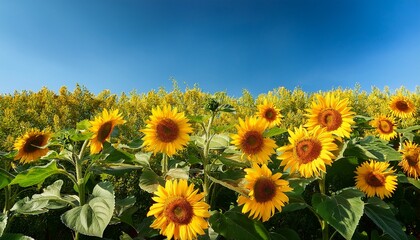 Fototapeta premium bright yellow sunflowers with large green leaves against a clear blue sky symbolizing nature and summer warmth