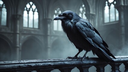 A solitary raven perched on a railing inside a gothic cathedral with tall windows