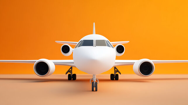 A white, sleek aircraft model facing forward on a plain orange background. Its symmetrical design is highlighted by the neutral lighting. - Powered by Adobe