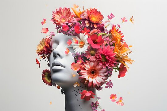 Surreal Human Head with Floral Burst