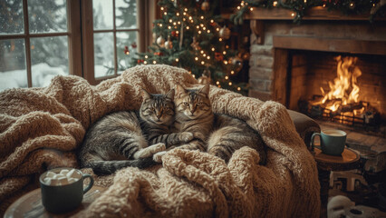 Two cats in a cozy winter house on a soft warm blanket, winter and snow outside the window