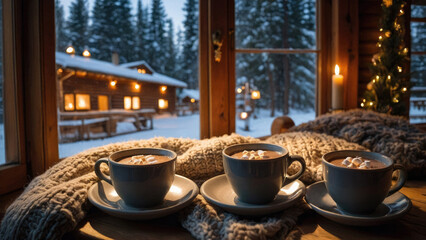 steaming mugs of hot cocoa with marshmallows in a cozy winter house, winter and snow outside the window