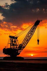 Obraz premium A large coal excavator stands silhouetted against a dramatic sunset. Vibrant orange and purple hues fill the sky as the sun sets on a mining site, creating a striking contrast