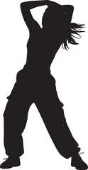 Black silhouette of a woman dancing with arms raised and hair flowing female dancer
