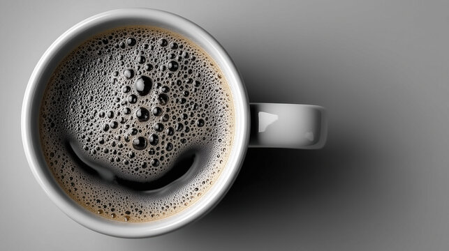 Close Up of Black Coffee in White Cup with Smiling Foam Pattern on Gray Background