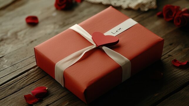 Wrapped in affection a Valentine's day gift adorned with Love's message on wooden table