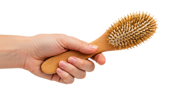 Woman holding wooden hairbrush for styling and detangling hair, promoting healthy hair and scalp care routine