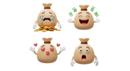 Obraz premium Cartoon money bags with various emotions