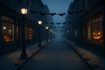 Eerie halloween street with jack-o-lanterns and bats at nighttime creating spooky atmosphere. concept of halloween decor, nighttime ambiance, festive street scene