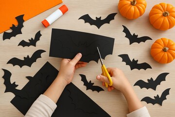 Child creating halloween crafts with black paper bats and pumpkins on a wooden table. concept of halloween creativity, arts and crafts fun, festive decorations