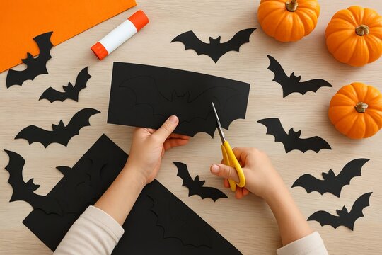 Child creating halloween crafts with black paper bats and pumpkins on a wooden table. concept of halloween creativity, arts and crafts fun, festive decorations - Powered by Adobe