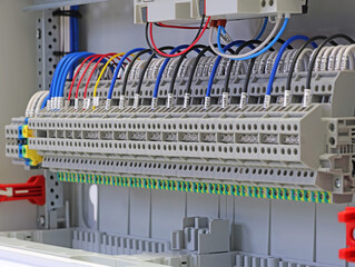 Electrical screw terminals for connecting wires in an electrical switchboard. Soft focus. Close-up.