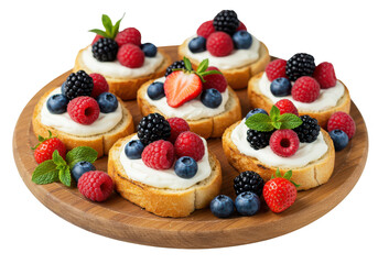Assortment of berry topped bread slices on a wooden plate, a sweet and colorful treat for everyone on transparent background