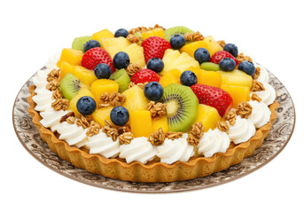 A delicious fruit tart with kiwi, strawberries, blueberries, pineapple, and mango on a decorative plate on transparent background