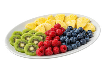 Assortment of fresh fruit on a white plate including kiwi pineapple raspberries and blueberries shown on transparent background