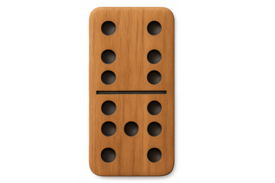 Wooden domino tile displaying three pips per side, positioned against transparent background, supporting game design and visual projects