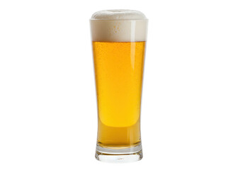 A refreshing pilsner in a tall glass with a thick foamy head isolated against a plain backdrop on transparent background