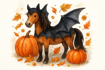 Watercolor horse dressed as a bat with pumpkins on fall leaves background. concept of halloween costume, autumn decor, seasonal festivity