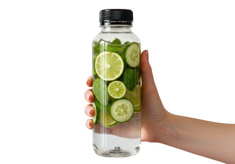 Hand holding a bottle with water, lime, cucumber, and mint against a plain backdrop on transparent background