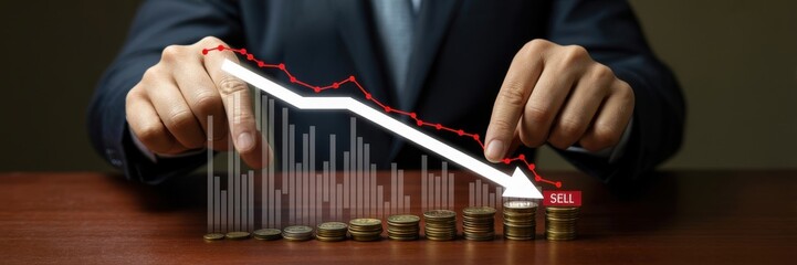 Businessman's hands over a declining stock market chart with a red arrow, symbolizing financial crisis, economic recession, and investment loss.