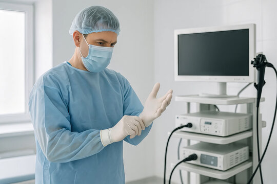 Doctor in protective uniform putting on sterile gloves before esophagogastroduodenoscopy procedure in endoscopy room. Concept of EGD preparation, gastrointestinal diagnostics, clinical hygiene