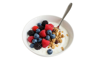 A white bowl filled with yogurt, granola, raspberries, blueberries, and blackberries with a spoon on transparent background