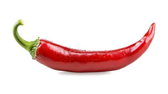 A red pepper is shown with its stem, and the tip of the stem is visible. The pepper is long and slender, with a green stem
