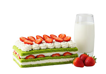 A layered green cake with whipped cream and strawberries next to a glass of milk and some berries on transparent background