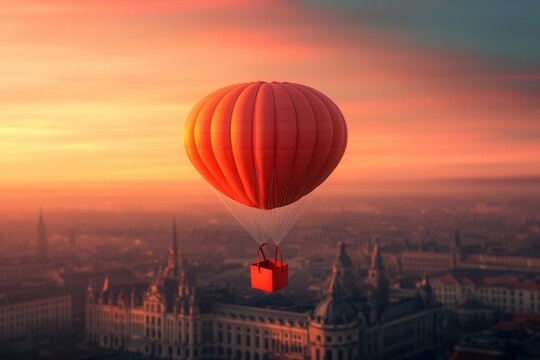 Red paper bag softly descends with a matching parachute in historic City center during sunset