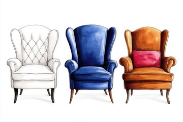 Vintage wingback armchairs watercolor design, elegant furniture isolated on a white backdrop