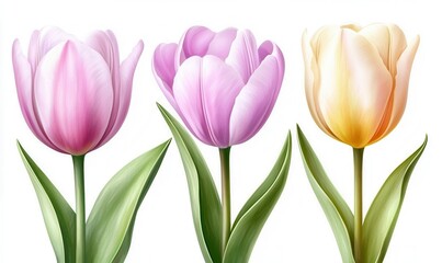 Fototapeta premium Watercolor springtime beauty features tulips with green leaves, ideal for invitation designs