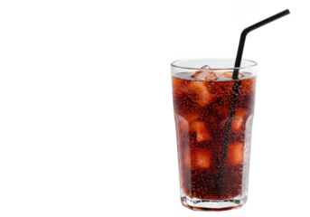 Refreshing beverage in a glass with ice cubes and a straw against a solid color backdrop image on transparent background