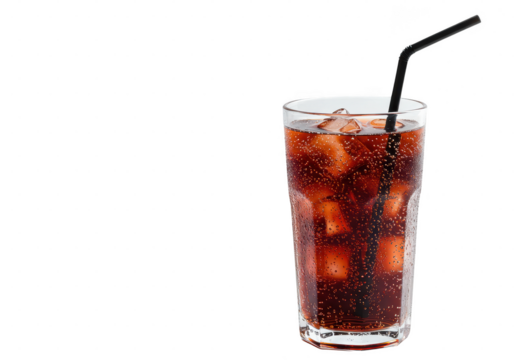 Refreshing beverage in a glass with ice cubes and a straw against a solid color backdrop image on transparent background