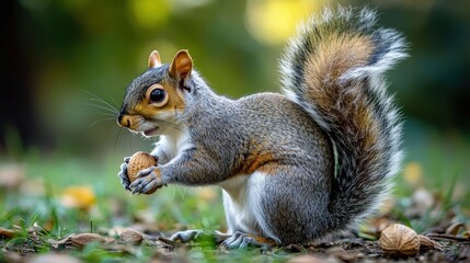 Fototapeta premium Grey squirrel holding a nut in its paws.