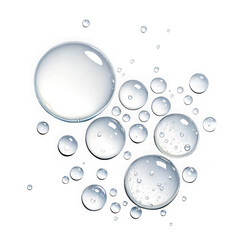 Close up of shimmering water droplets and bubbles of various sizes on a dark background isolated on transparent background
