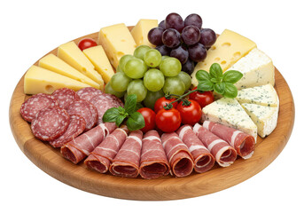 A wooden platter filled with an assortment of cheeses meats grapes and tomatoes displayed beautifully on transparent background