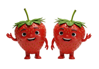Two cheerful strawberry characters with arms and legs standing side by side on a plain backdrop on transparent background
