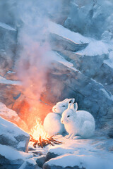 Fototapeta premium Warm Companionship: Arctic Hares Embracing Fire's Glow Beneath Snow-Covered Shelter