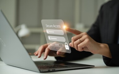 Fototapeta premium Businessman touching a virtual padlock for secure login on a laptop, illustrating the concept of cybersecurity and data protection.