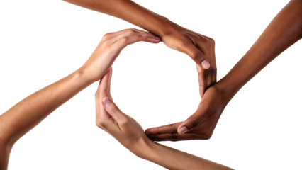conceptual symbol of multiracial human hands makin isolated on white background, png, ai generated.