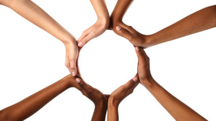 conceptual symbol of multiracial human hands makin isolated on white background, png, ai generated.