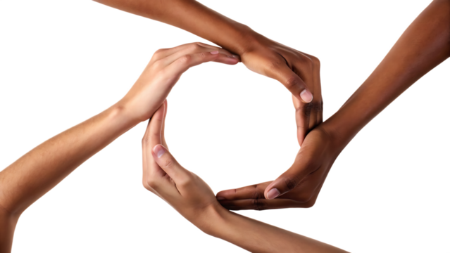 conceptual symbol of multiracial human hands makin isolated on white background, png, ai generated.