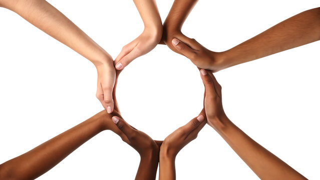 conceptual symbol of multiracial human hands makin isolated on white background, png, ai generated.